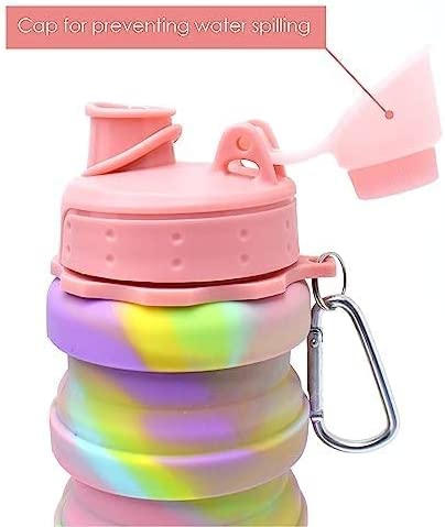 زجاجة مياه سيليكون قابله للطي للرحلات والسفر وتسلق الجبال بميدالية لسهولة الحمل والتعليق