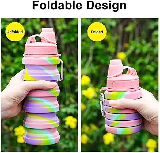 زجاجة مياه سيليكون قابله للطي للرحلات والسفر وتسلق الجبال بميدالية لسهولة الحمل والتعليق