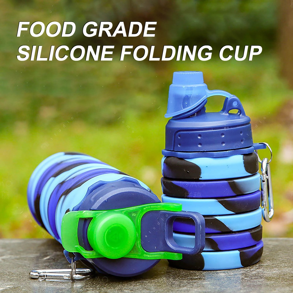 زجاجة مياه سيليكون قابله للطي للرحلات والسفر وتسلق الجبال بميدالية لسهولة الحمل والتعليق