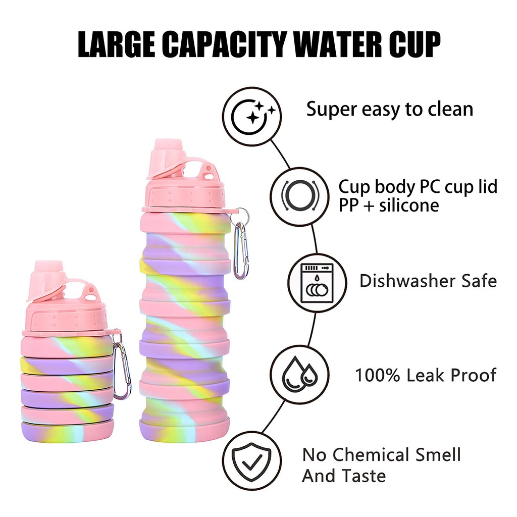 زجاجة مياه سيليكون قابله للطي للرحلات والسفر وتسلق الجبال بميدالية لسهولة الحمل والتعليق