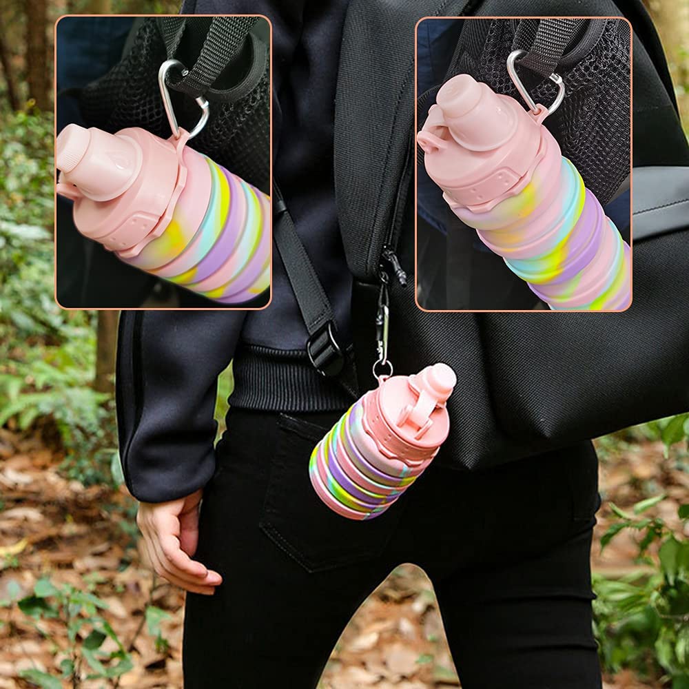 زجاجة مياه سيليكون قابله للطي للرحلات والسفر وتسلق الجبال بميدالية لسهولة الحمل والتعليق