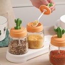 طقم توابل صبار زجاجي 3 قطع بحامل ومعالق لسهولة الاستخدام