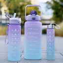 زجاجات مياه 3 قطع للجيم والمدرسة والعمل مقسمه بالوقت وبكلمات تحفيزية للشرب