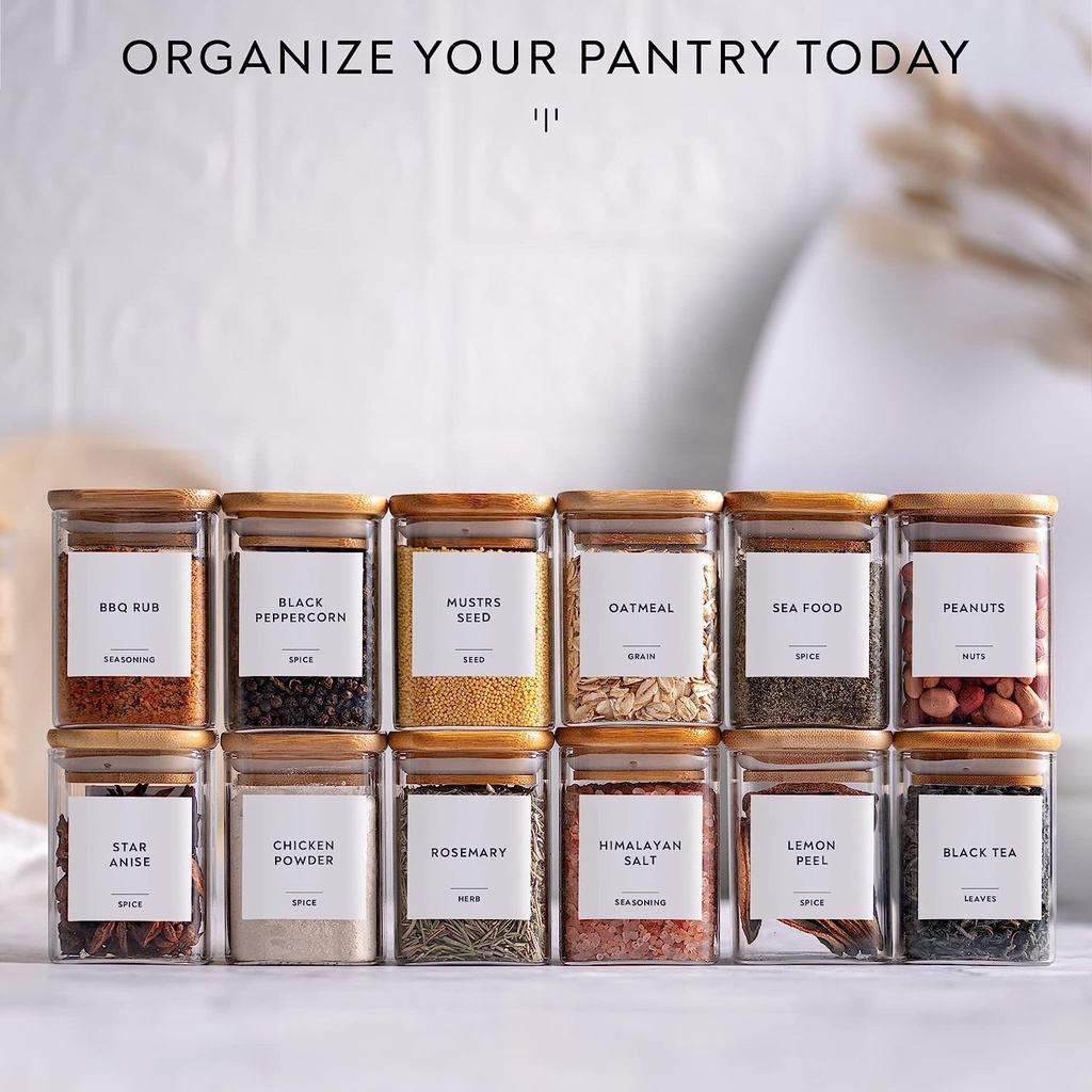 طقم توابل زجاجي 12 قطعة بحامل شكل سلم واستيكر باسماء البهارات 48 قطعة