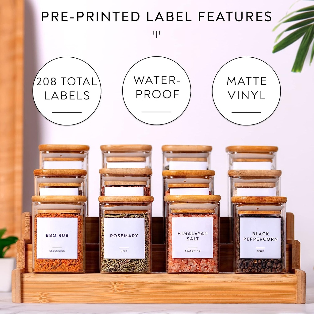 طقم توابل زجاجي 12 قطعة بحامل شكل سلم واستيكر باسماء البهارات 48 قطعة