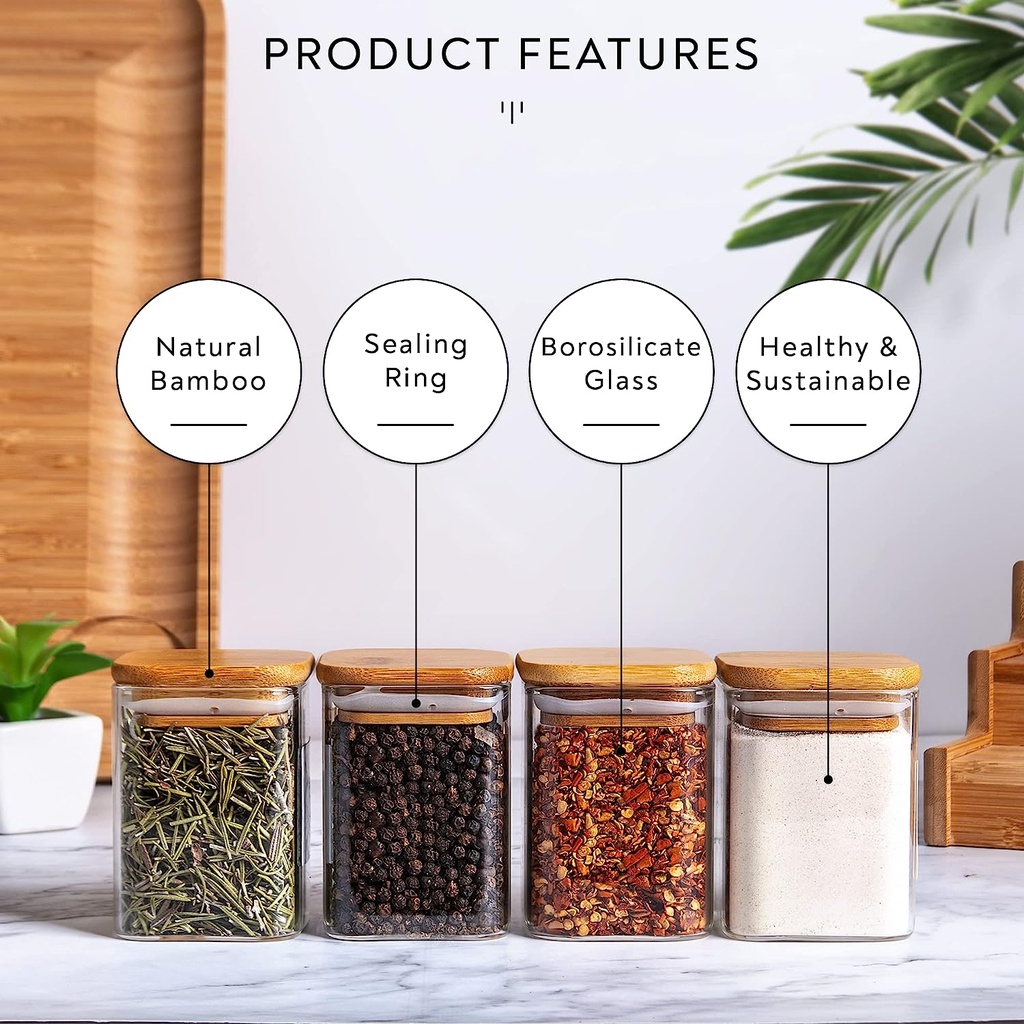 طقم توابل زجاجي 12 قطعة بحامل شكل سلم واستيكر باسماء البهارات 48 قطعة