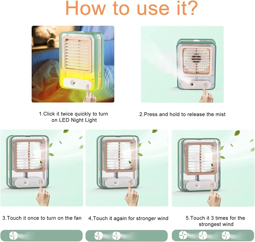 مروحة ومبرد هواء ميني محمول بخزان مياه و 3 سرعات واضاءة ليلية بوصلة يو اس بي للتغلب علي حر الصيف وقطع الكهرباء