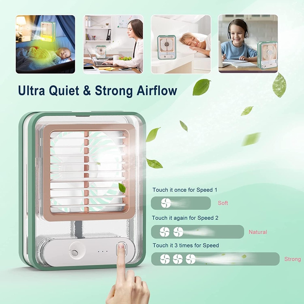 مروحة ومبرد هواء ميني محمول بخزان مياه و 3 سرعات واضاءة ليلية بوصلة يو اس بي للتغلب علي حر الصيف وقطع الكهرباء