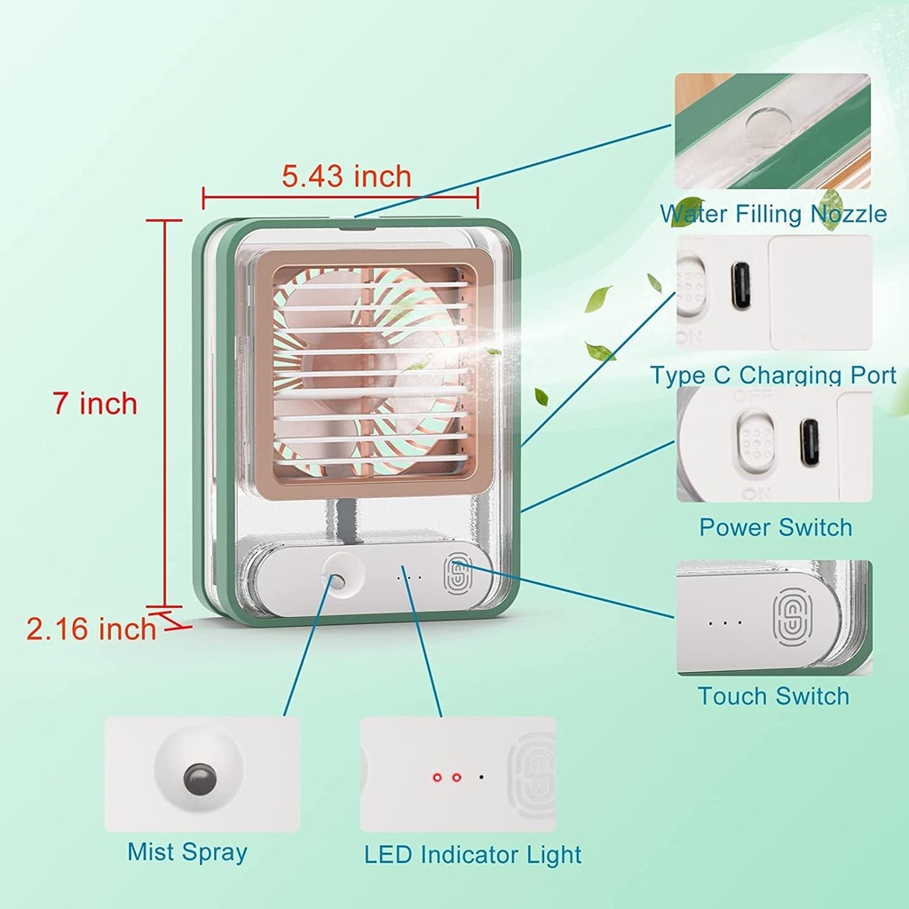 مروحة ومبرد هواء ميني محمول بخزان مياه و 3 سرعات واضاءة ليلية بوصلة يو اس بي للتغلب علي حر الصيف وقطع الكهرباء