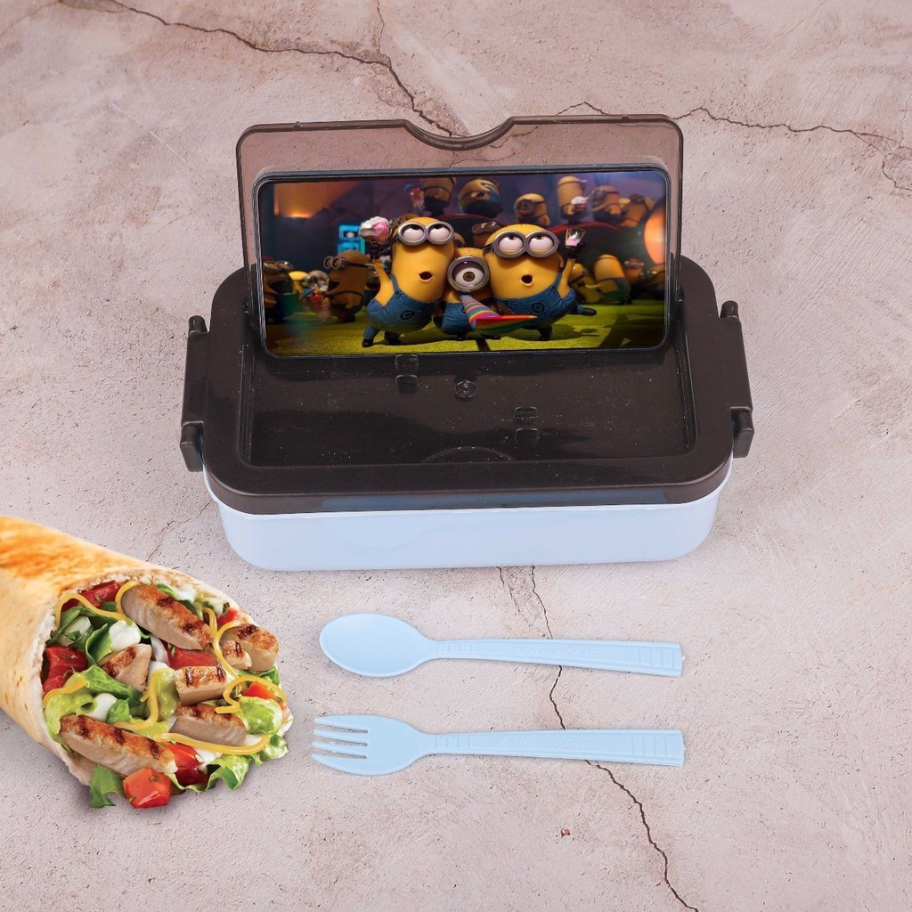 لانش بوكس بلاستيك صحي امن علي الصحة قابل لدخول الميكرويف بغطاء محكم الغلق ومعالق