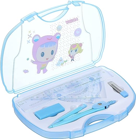 علبة ادوات هندسية 7 قطع تتكون من برجل ومنقلة و2 مثلث واستيكة لدراسة الرياضيات