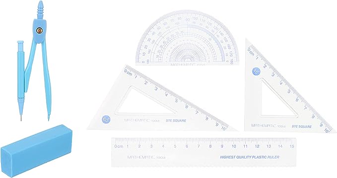 علبة ادوات هندسية 7 قطع تتكون من برجل ومنقلة و2 مثلث واستيكة لدراسة الرياضيات
