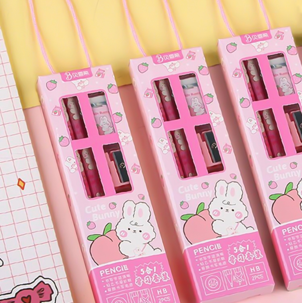 طقم ادوات مدرسية 5 قطع اقلام رصاص واستيكة وبراية ومسطرة بأشكال والوان مختلفة