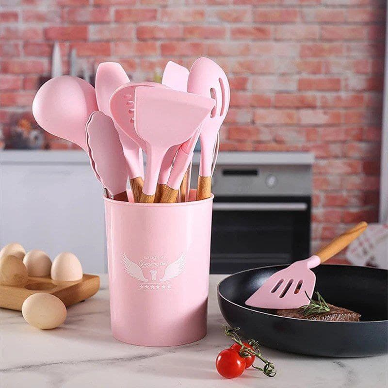 طقم توزيع سيليكون بيد خشب 12 قطعة بالحامل