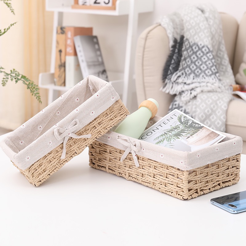 طقم باسكت خوص مستطيل قطعتين بمقاسات مختلفة لحمل وتنظيم ادوات الميكب والعناية بالشعر والبشرة