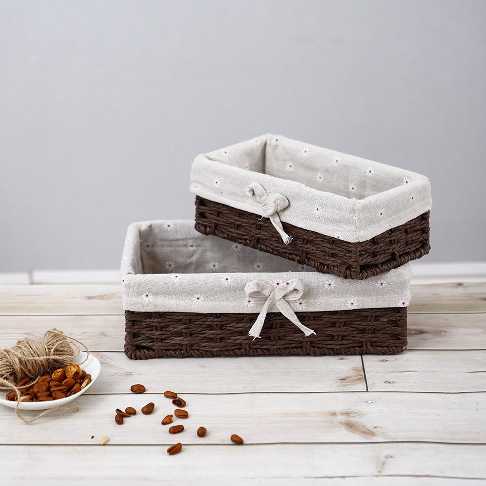 طقم باسكت خوص مستطيل قطعتين بمقاسات مختلفة لحمل وتنظيم ادوات الميكب والعناية بالشعر والبشرة