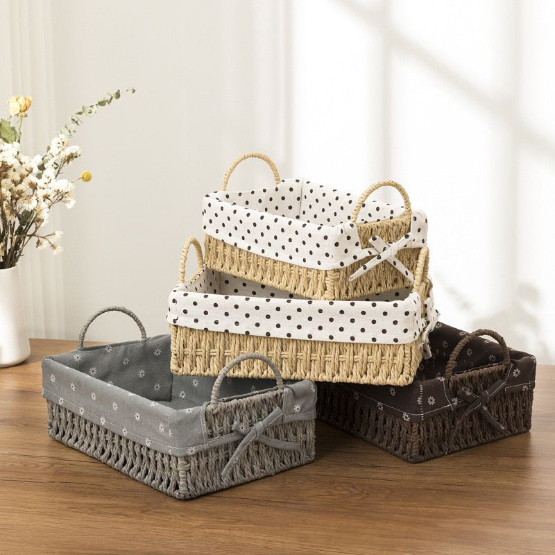 طقم باسكت خوص مستطيل قطعتين بمقاسات مختلفة لحمل وتنظيم ادوات الميكب والعناية بالشعر والبشرة بيد