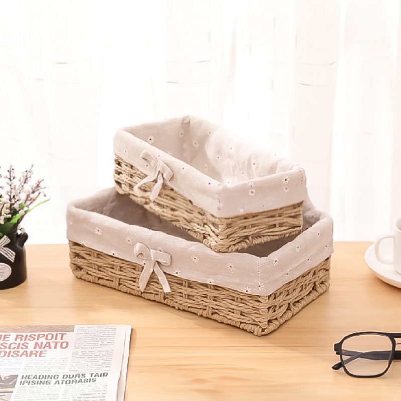 طقم باسكت خوص مستطيل قطعتين بمقاسات مختلفة لحمل وتنظيم ادوات الميكب والعناية بالشعر والبشرة