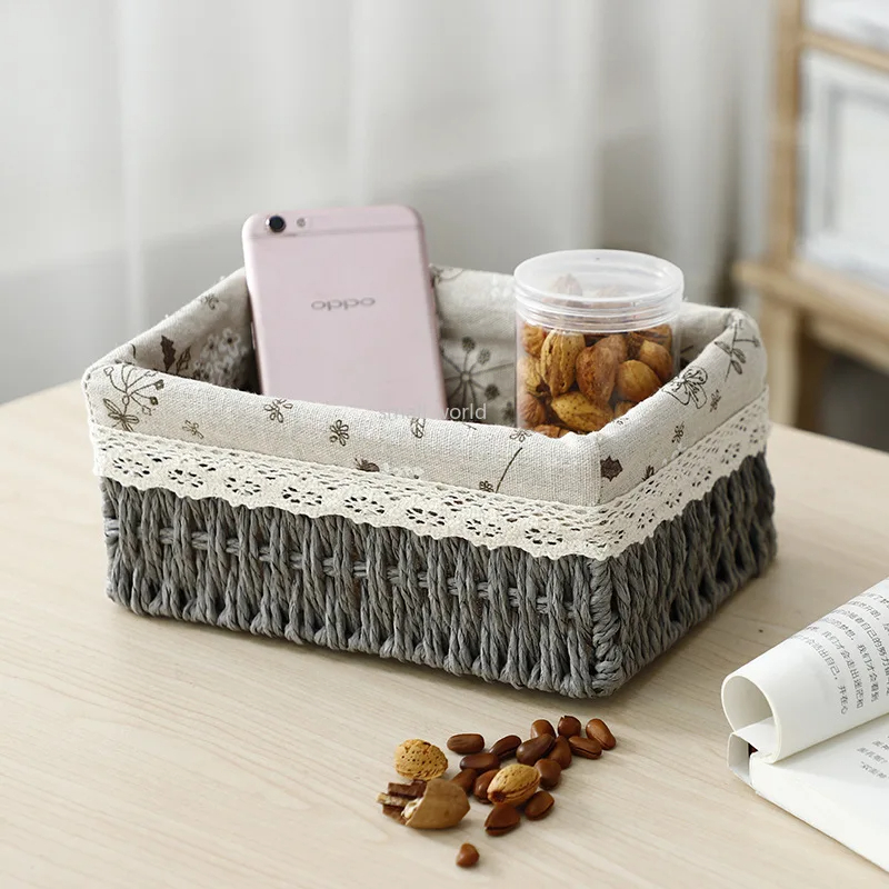 طقم باسكت خوص 3 قطع بمقاسات مختلفة ببطانه كتان لتنظيم وحمل ادوات الميكب والعناية بالشعر والبشرة