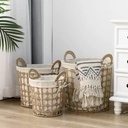 طقم باسكت معدن بخيوط جوت وبطانة كتان دائري 3 قطع مقاسات مختلفة لحمل وتنظيم الملابس والعاب الاطفال بيد لسهولة الحمل