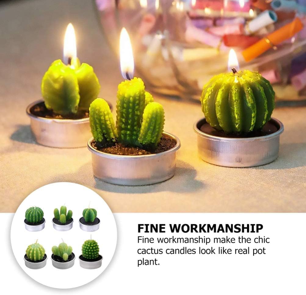 مجموعة شمع صبار 6 قطع باشكال مختلفة وقواعد معدنية لديكور البيت وإضفاء اجواء رومانسية وهادئة