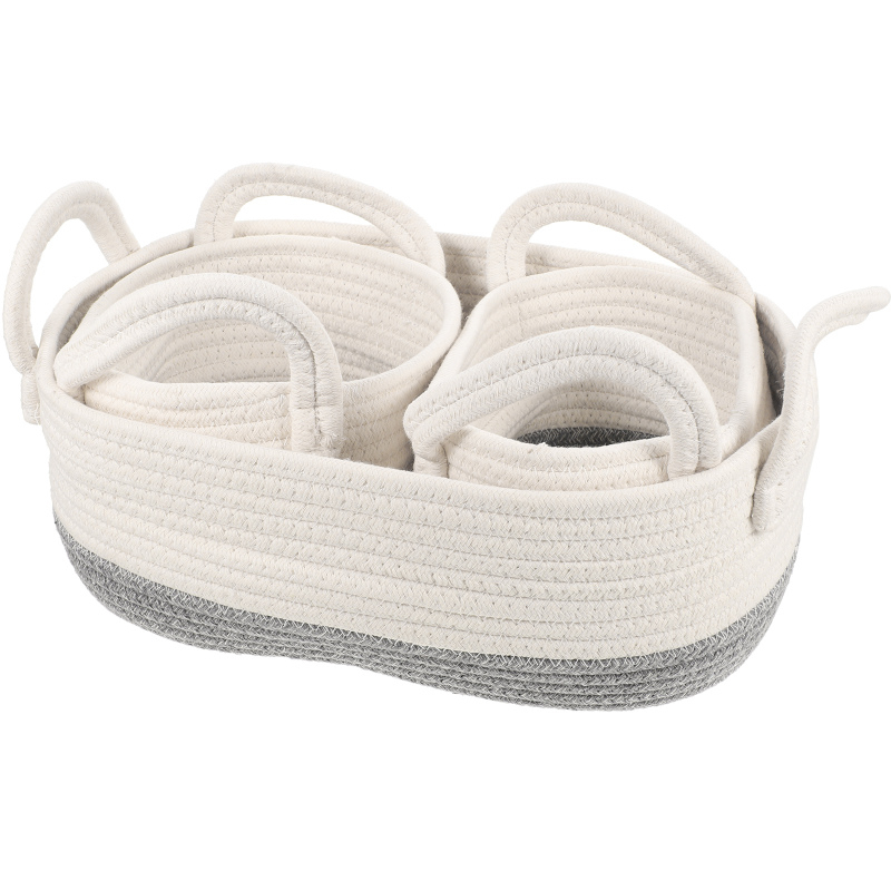 طقم باسكت كتان 3 قطع باللون الابيض والرمادي لحمل وتنظيم الملابس والفوط وادوات الميكب والعناية بالشعر والبشرة بيد