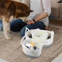 طقم باسكت كتان 3 قطع باللون الابيض والرمادي لحمل وتنظيم الملابس والفوط وادوات الميكب والعناية بالشعر والبشرة بيد