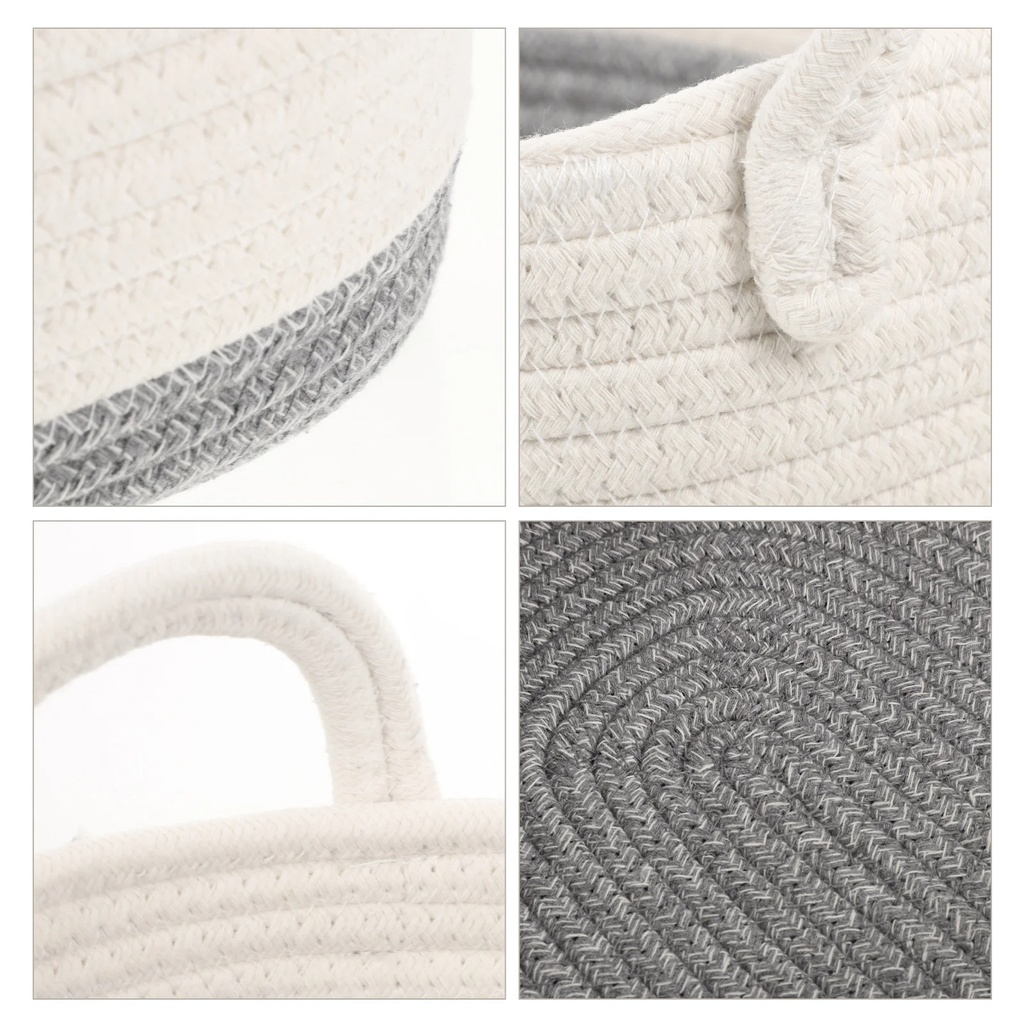 طقم باسكت كتان 3 قطع باللون الابيض والرمادي لحمل وتنظيم الملابس والفوط وادوات الميكب والعناية بالشعر والبشرة بيد