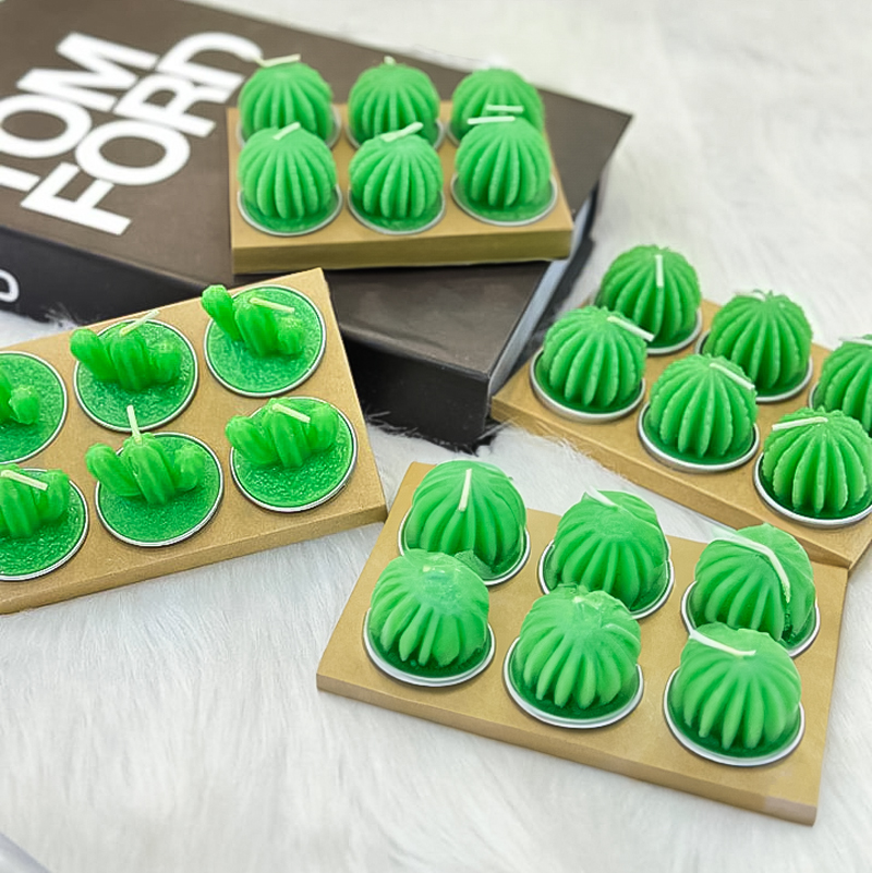 شمع صبار 6 قطع باشكال مختلفة بقواعد معدنية لديكور البيت وإضفاء اجواء رومانسية هادئة