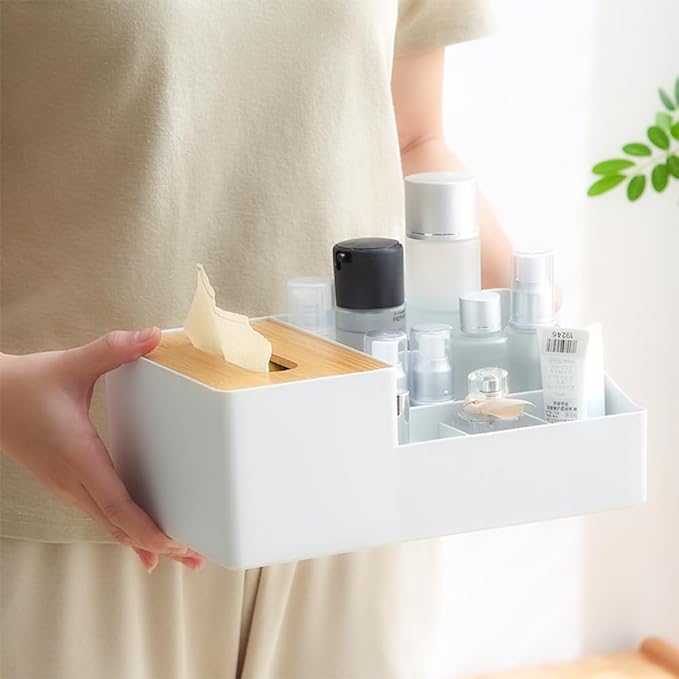 علبة مناديل بغطاء خشبي مقسم 6 خانات لتنظيم ادوات المكتب متعدد الوظائف