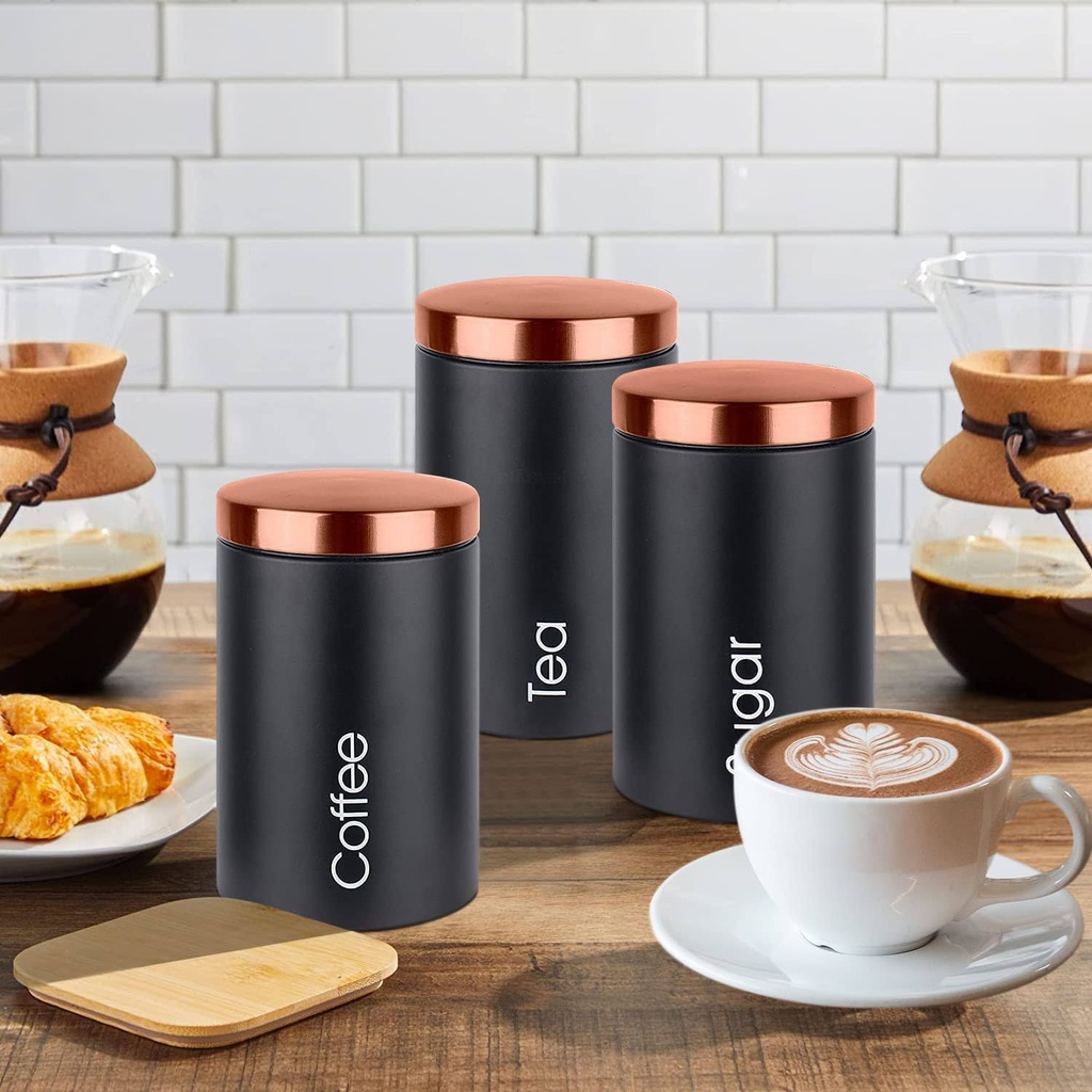 طقم برطمانات معدني 3 قطع بغطاء دهبي لتخزين الشاي والسكر والقهوة