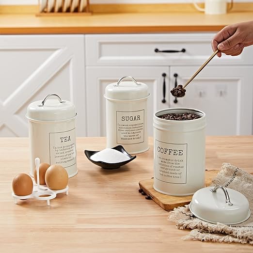 طقم برطمانات معدن ابيض 3 قطع لتخزين الشاي والسكر والقهوة