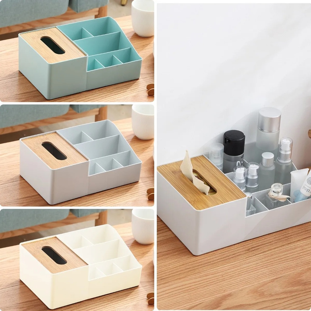 علبة مناديل بغطاء خشبي مقسم 6 خانات لتنظيم ادوات المكتب متعدد الوظائف