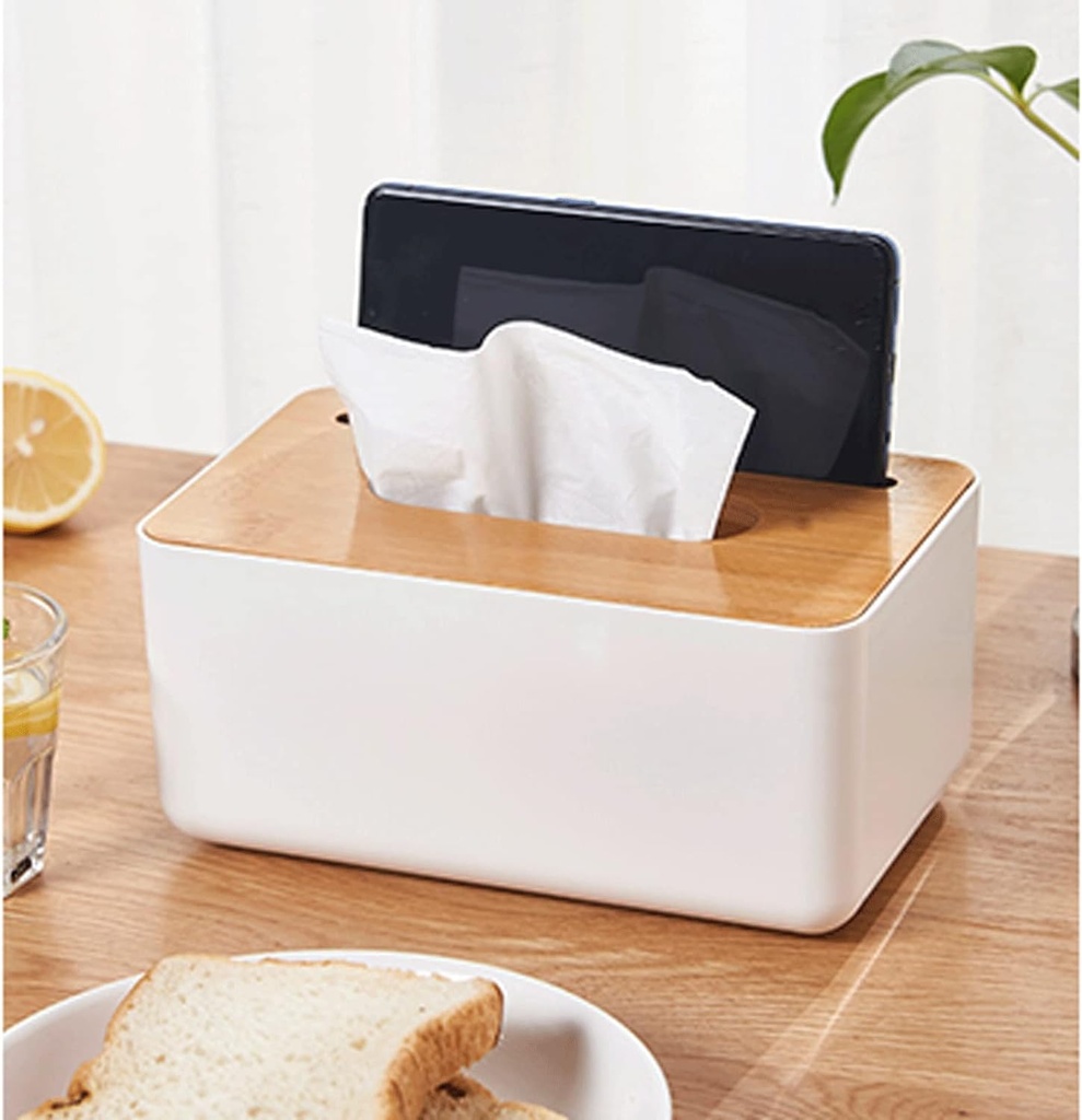 علبة لحمل وتنظيم المناديل بجزء حامل للموبايل بغطاء خشبي شيك لغرف النوم والمعيشة والمكتب