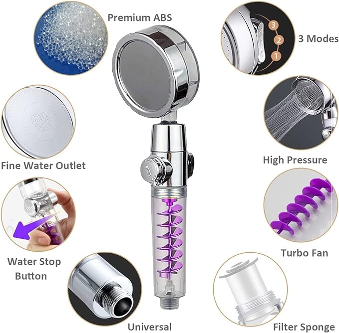 سماعة دش قوية محمولة عالية الضغط لتوفير المياه مع بخاخ دش بثلاث اوضاع يتم التبديل بينهم وعصا قطنية للتصفية الدقيقةة