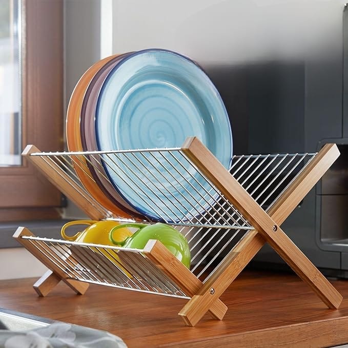 مطبقية خشب في استانليس ستيل 2 رف لتجفيف وحمل الاطباق والاواني والاكواب