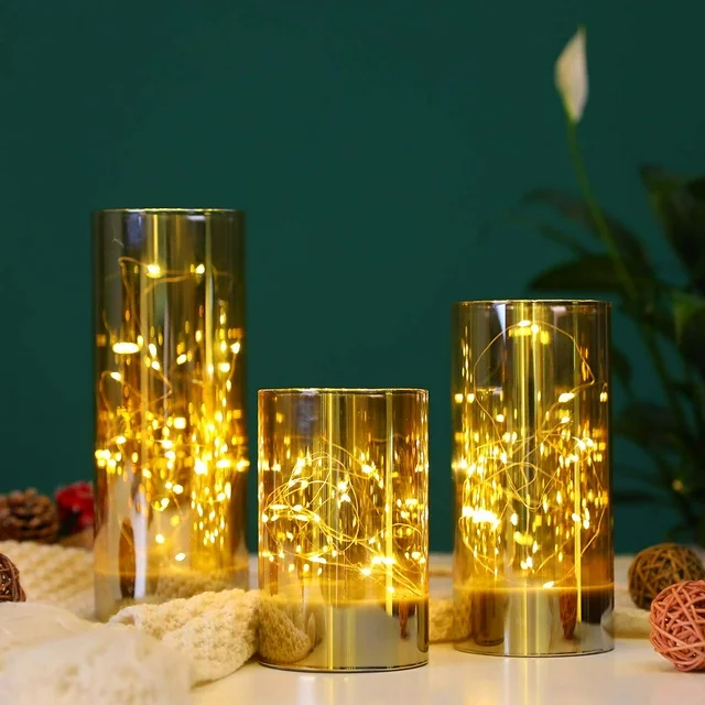 طقم شمع زجاجي 3 قطع مقاسات مختلفة مضئ بدون لهب يعمل بالبطاريات لتجديد الديكور