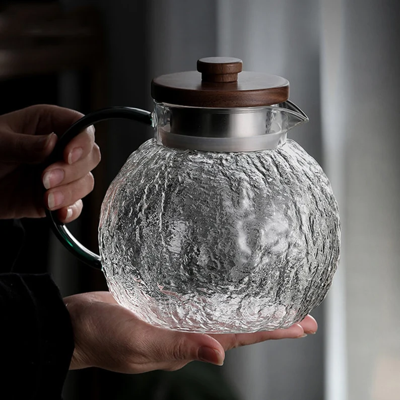 براد بايركس زجاج منقرش بغطاء خشبي ومصفاة للشاي والأعشاب