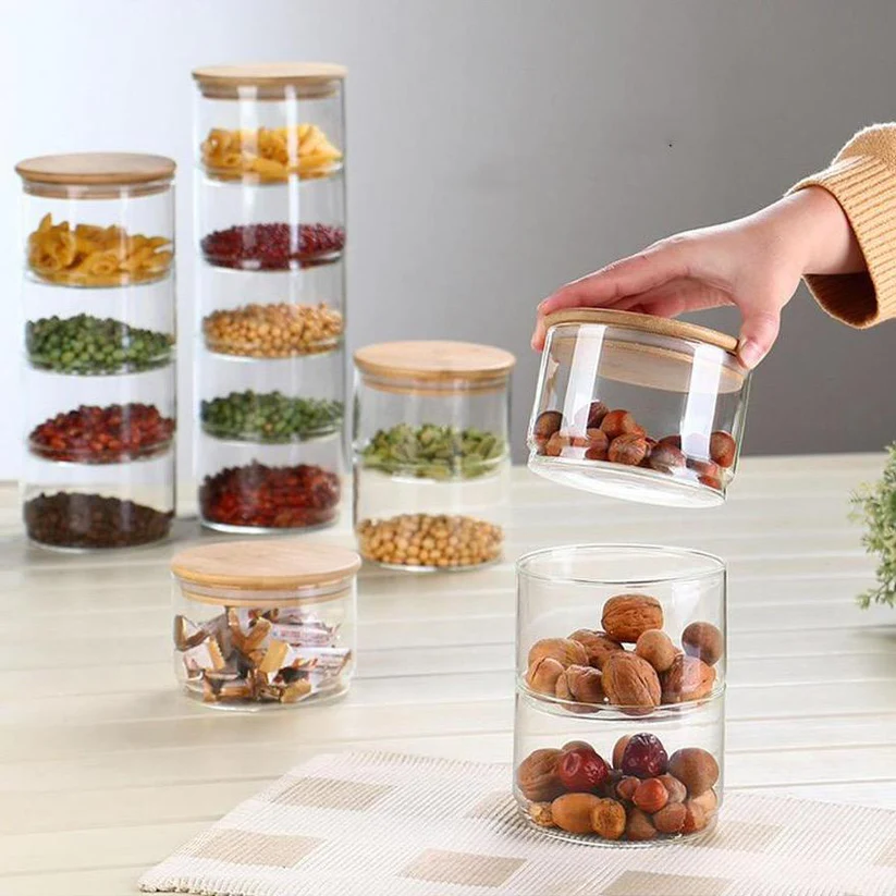 طقم كاندي زجاج ٣ دور بغطاء خشبي يستخدم كديكور للمنزل او كطقم توابل وتقديم المكسرات والكاندي والشوكلاته.