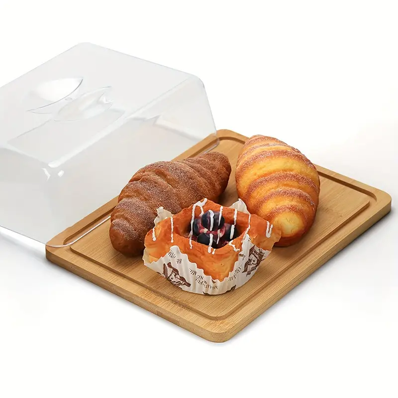 طبق   خشبي  بغطاء اكليريك  محكم الغلق لحفظ الكب كيك والكوكيز والمافن ولحلويات متعدد الاستخدام