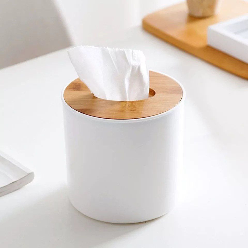 علبة مناديل مدورة غطاء خشب