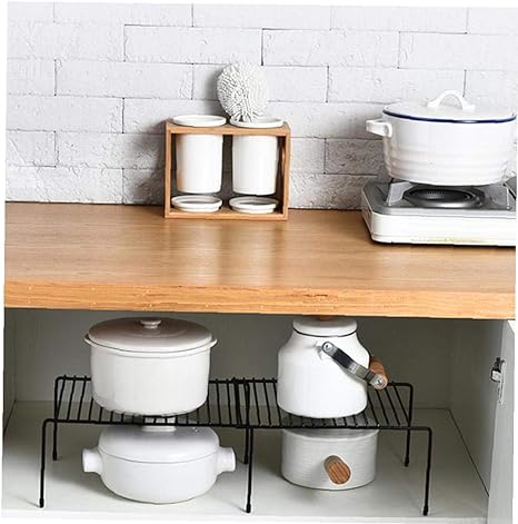 رف ومنظم معدني اسود للمطبخ  قابل للتمدد والتصغير لتخزين ونتظيم التوابل ومستلزمات الاستحمام وغيرها