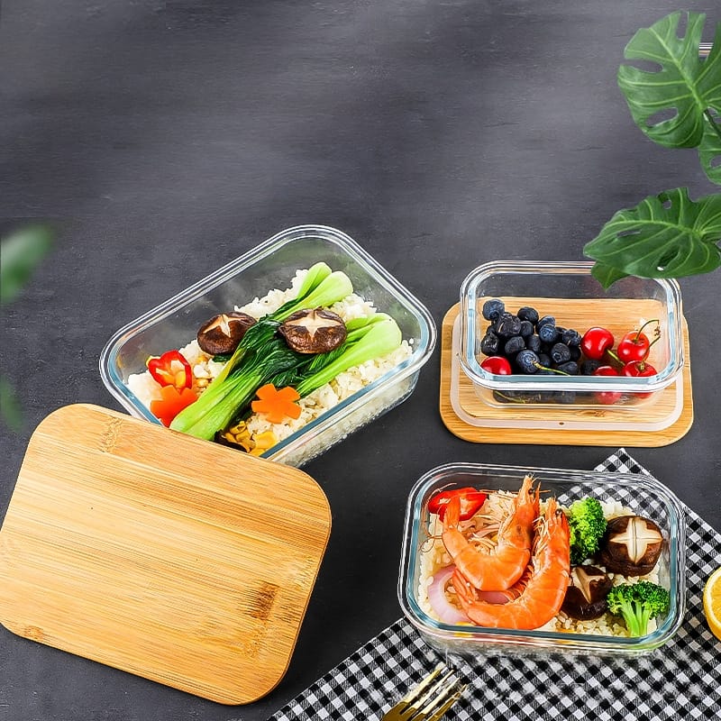 علبة زجاج بايركس مستطيلة بغطاء خشب محكم الغلق لحفظ وتنظيم الطعام