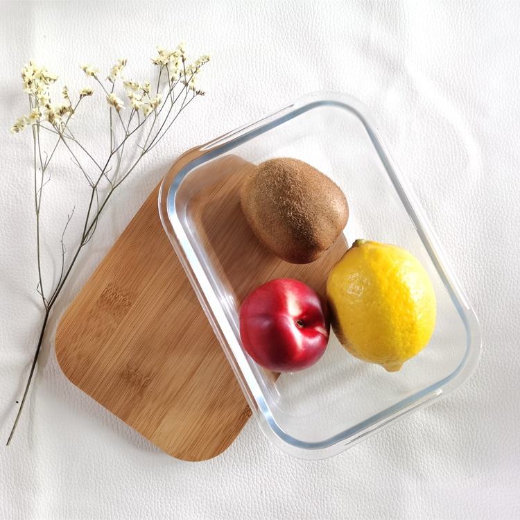 علبة زجاج بايركس مستطيلة بغطاء خشب محكم الغلق لحفظ وتنظيم الطعام