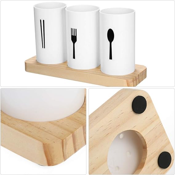 منظم وصفاية معالق وشوك وسكاكين 3 قطع مع قاعدة خشبية وفرشاه تنظيف