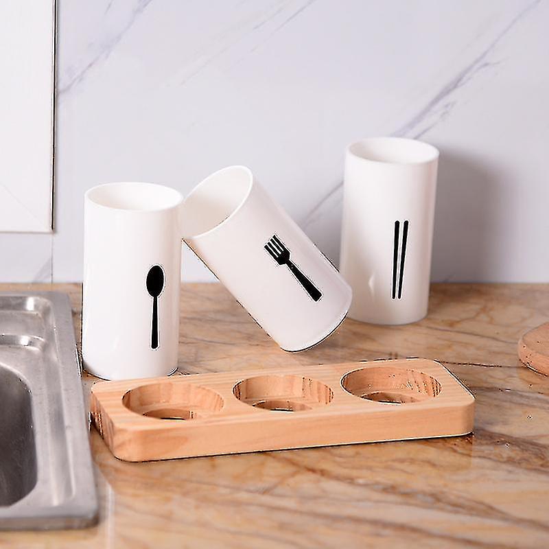 منظم وصفاية معالق وشوك وسكاكين 3 قطع مع قاعدة خشبية وفرشاه تنظيف