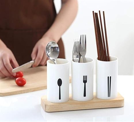 منظم وصفاية معالق وشوك وسكاكين 3 قطع مع قاعدة خشبية وفرشاه تنظيف