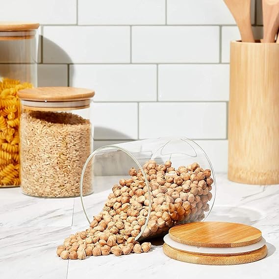 طقم برطمانات 3 قطع مقاسات مختلفة اكليريك شفاف بغطاء خشبي محكم الغلق لتنظيم البقوليات والحبوب والتوابل