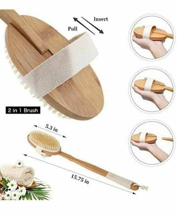 فرشة الإستحمام والتكييس بشعيرات طبيعية من الكتان بيد خشب