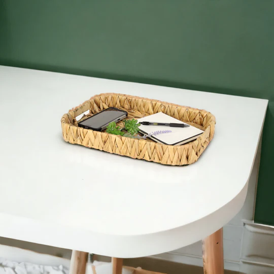 طقم صواني رتان بيد  3 قطع بمقاسات مختلفة لحمل وتنظيم الطعام وادوات العناية بالبشرة وديكور لمنزلك